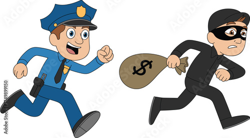 Cartoon police officer chasing thief, funny crime scene illustration, criminal running with money bag, law enforcement and justice concept art