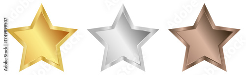  Gold, silver and bronze stars isolated on transparent background. 3d star vector icon