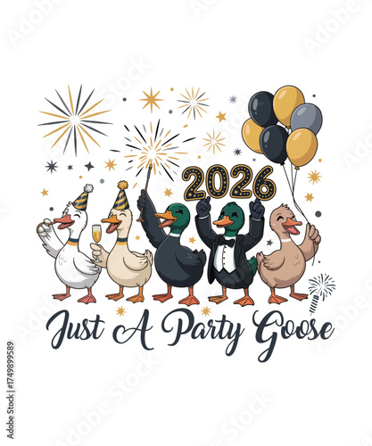 Funny Party Geese Celebrate New Year 2026