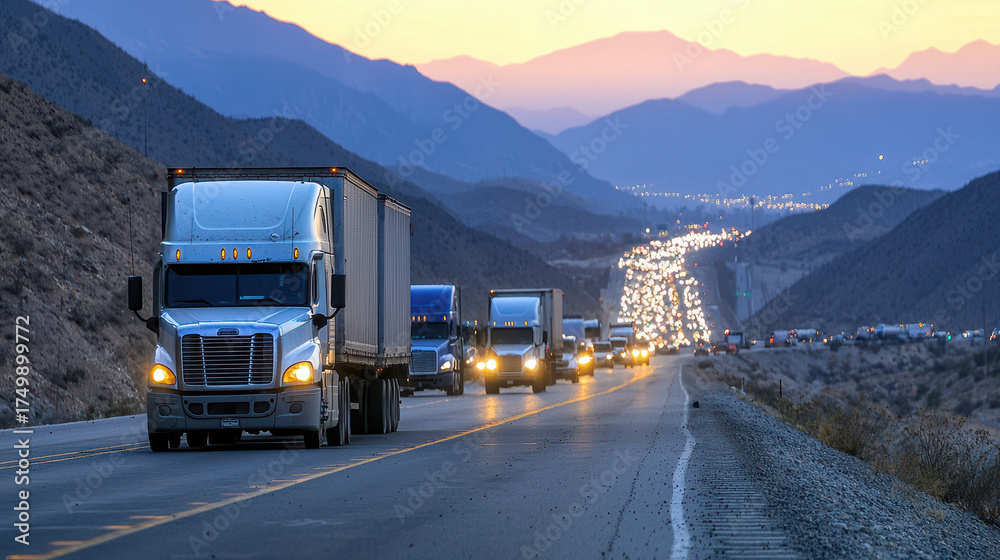 Obraz premium Long haul trucks travel along winding highway dusk, surrounded by mountains and glowing horizon. scene captures essence of transportation