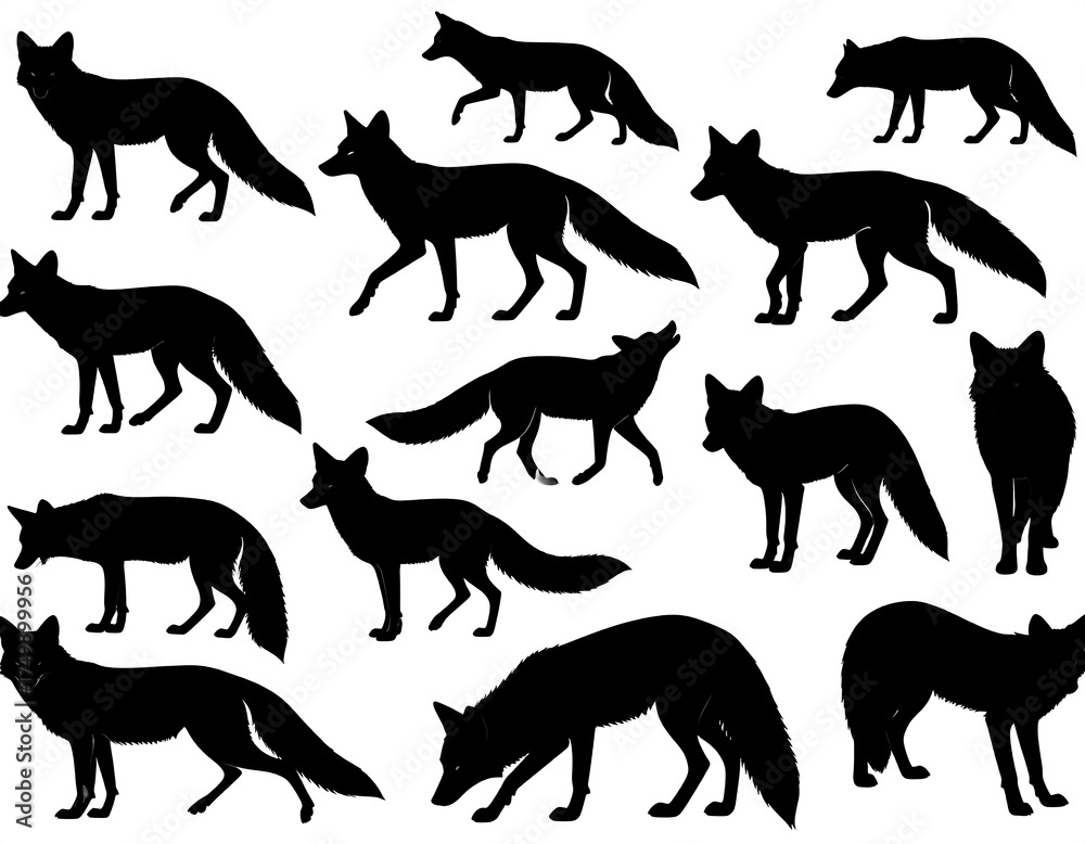 Obraz premium A black silhouette collection of various foxes in different poses, perfect for illustration or design projects
