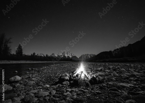 Night campfire by river with mountains