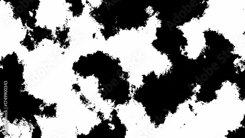 Abstract High-contrast black and white texture with irregular organic ink splatter shapes and random blot patterns on a clean white surface, resembling cowhide or camouflage design