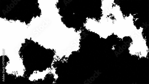 Abstract High-contrast black and white texture with irregular organic ink splatter shapes and random blot patterns on a clean white surface, resembling cowhide or camouflage design