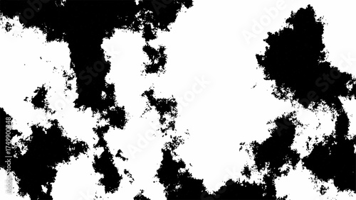 Abstract High-contrast black and white texture with irregular organic ink splatter shapes and random blot patterns on a clean white surface, resembling cowhide or camouflage design