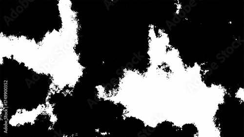 Abstract High-contrast black and white texture with irregular organic ink splatter shapes and random blot patterns on a clean white surface, resembling cowhide or camouflage design