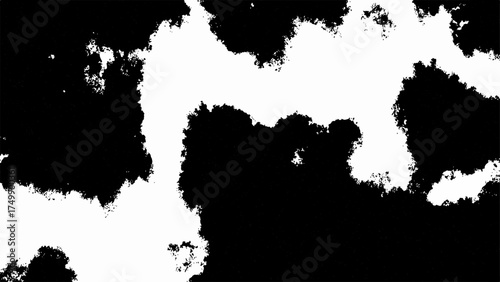 Abstract High-contrast black and white texture with irregular organic ink splatter shapes and random blot patterns on a clean white surface, resembling cowhide or camouflage design