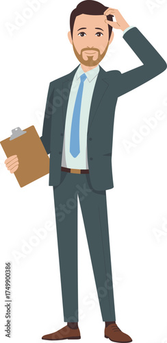 Confused businessman holding clipboard, thoughtful male professional scratching head, business decision problem concept, management confusion, office stress, corporate thinking illustration
