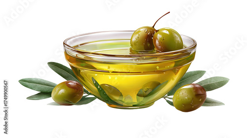 Olive oil. Greek olive oil in glass transparent bowl with branches with leaves and olives