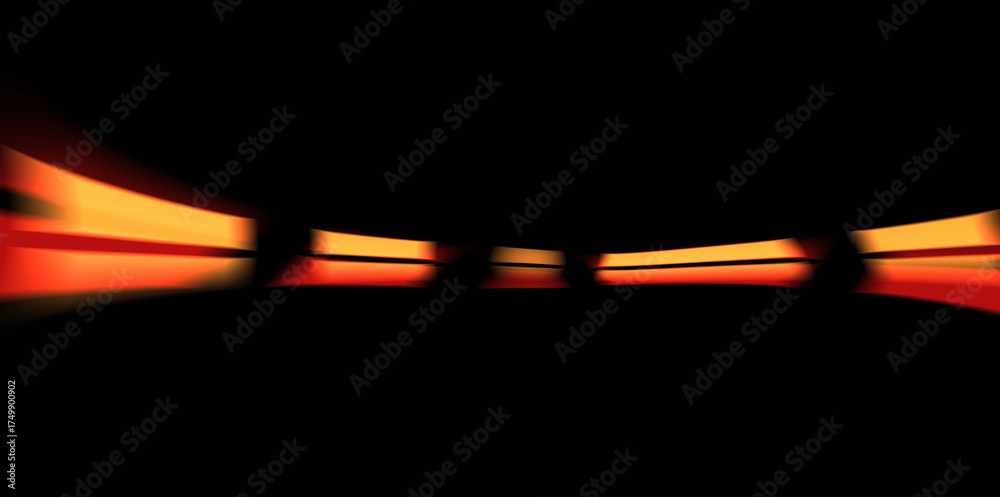 Fototapeta premium Neon orange and red light rays on black background. Modern wave backdrop