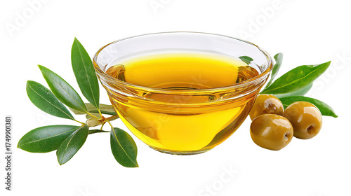 Olive oil. Greek olive oil in glass transparent bowl with branches with leaves and olives