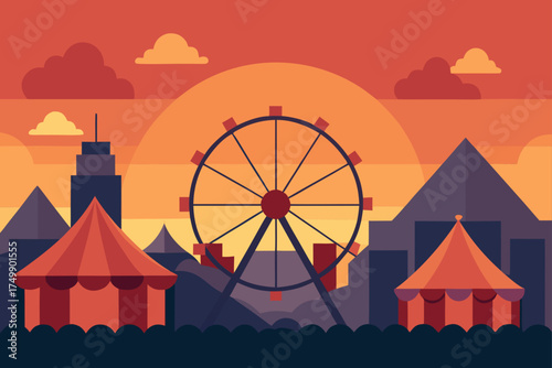 Flat design illustration of a carnival scene at sunset with a ferris wheel and tents