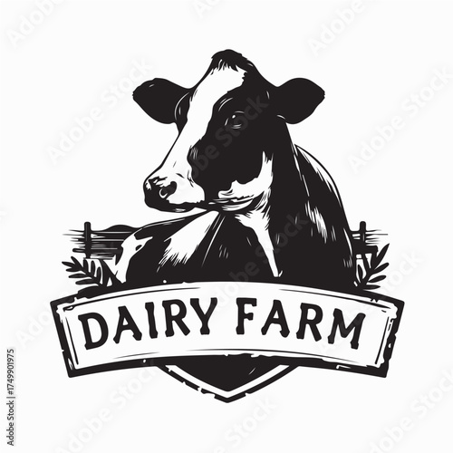 Farm fresh milk logo vector with cow design for organic dairy branding