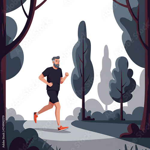 A bearded man in sportswear jogs along a forest path at dusk. Silhouetted trees frame the scene. Minimalist vector style with moody blues and greys evokes calm fitness energy.