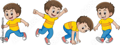 Happy cartoon boy running and jumping, playful child in yellow shirt and blue pants, fun kids activity illustration  cartoon boy running and jumping, playful child in yellow shirt and blue pants, 