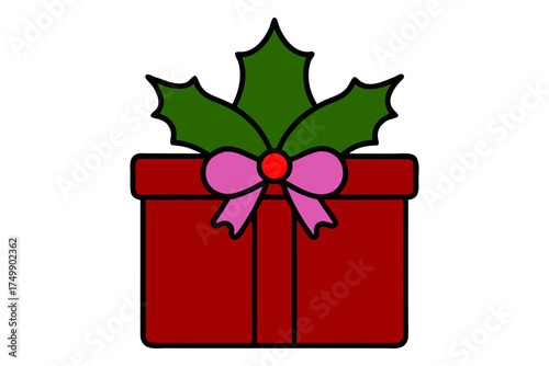 gift box with holly berry leaves top decoration