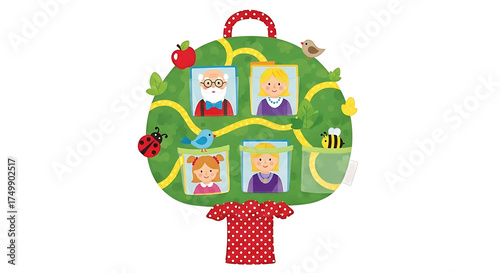 A charming felt tree with photo frames of smiling children, ladybugs, and bees. Red polka-dot trunk adds whimsy. Perfect for family, education, or nursery decor concepts. Soft, tactile illustration st