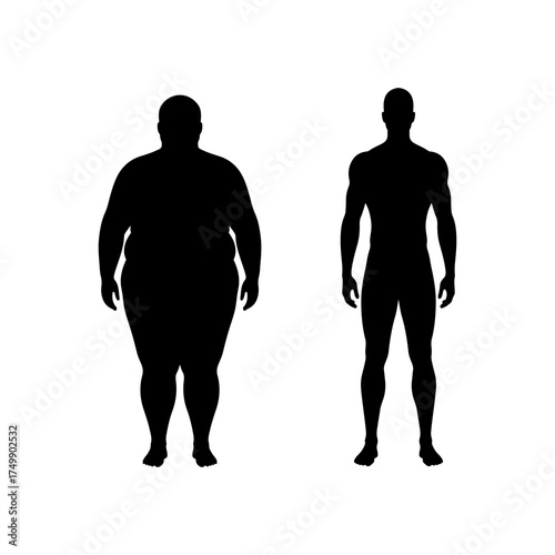 Overweight man and fit man silhouette vector flat illustration design.