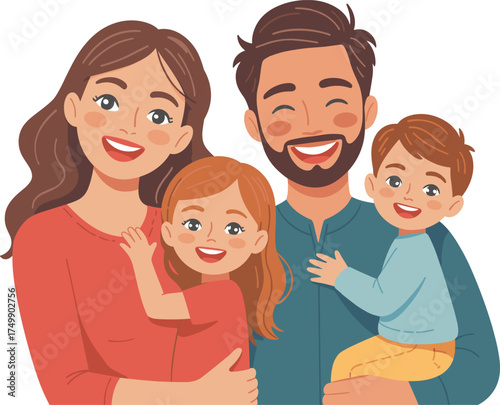 Happy family illustration with smiling parents and two kids, joyful family portrait, love, parenting, happiness, unity, and togetherness concept