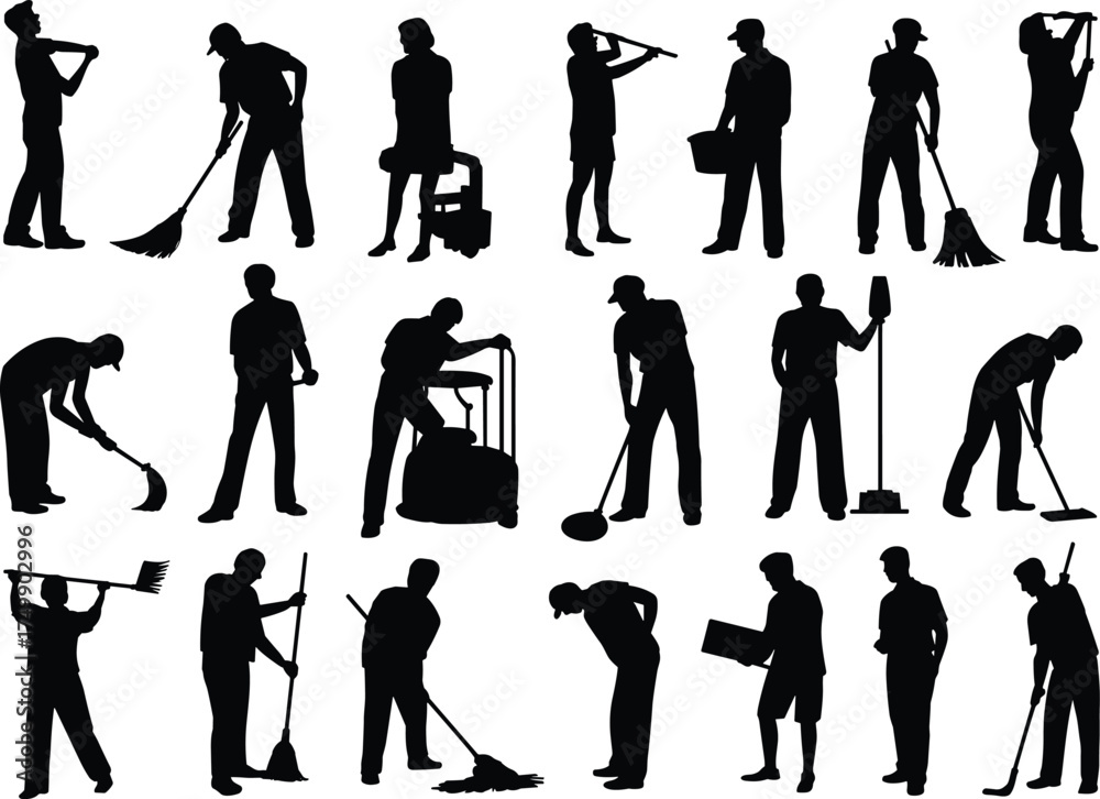 Obraz premium Janitors silhouettes, cleaning workers, maintenance staff, housekeeping team, hygiene professionals, industrial cleaners, sanitation laborers, mop broom vacuum, service occupation people vector 