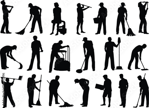 Janitors silhouettes, cleaning workers, maintenance staff, housekeeping team, hygiene professionals, industrial cleaners, sanitation laborers, mop broom vacuum, service occupation people vector 