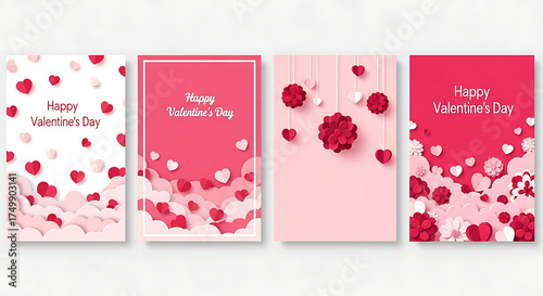 Four elegant Valentine’s Day cards with pink/red hearts, paper flowers, and “Happy Valentine’s Day” text. Minimalist 3D paper cut style. Perfect for greeting cards, social media, or romantic promotion