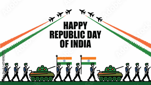 Celebrate India's Republic Day with vibrant jets, tanks, and soldiers embodying national pride and patriotism for a dynamic graphic design element