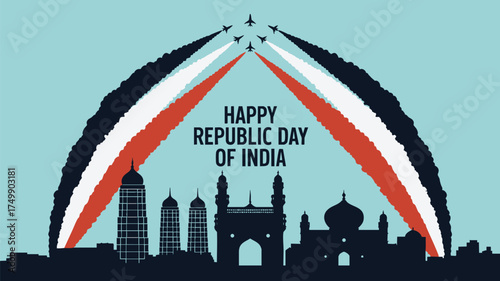 Celebrate India's Republic Day with a dynamic cityscape silhouette and vibrant tricolor smoke trails from jet flyovers, a powerful symbol of national pride