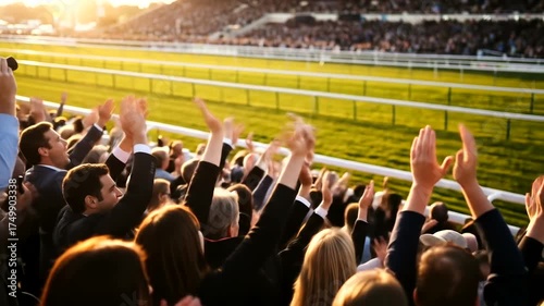 Enthusiastic crowd watches horses race during a thrilling competition.