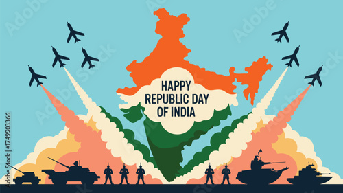 Celebrate India's Republic Day with a dynamic display of military might and vibrant national pride, perfect for festive greetings and patriotic events