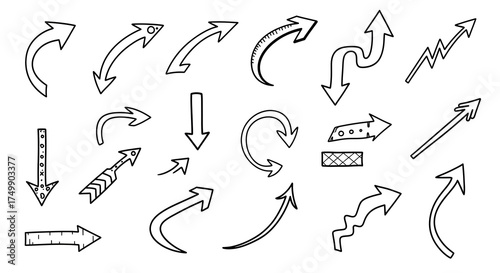 Black Arrow Variations in Hand Drawn Style Isolated on White Background Showing Different Orientations, Hand drawn arrow illustrations black and white design elements.
