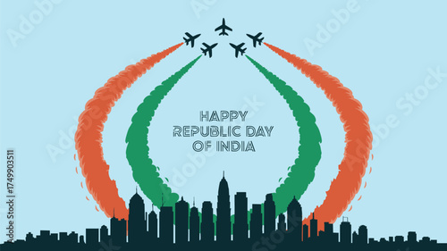 Celebrate India Republic Day with a stunning skyline view and vibrant aircraft trails, perfect for patriotic themes and national holiday greetings