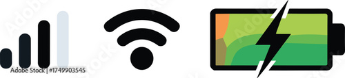 Mobile signal, WiFi connection, and battery charging icons illustration, digital communication and smartphone interface symbols, technology concept design vector