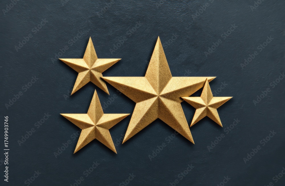 Obraz premium Four golden, multi-pointed stars arranged on a contrasting, dark blue, textured surface
