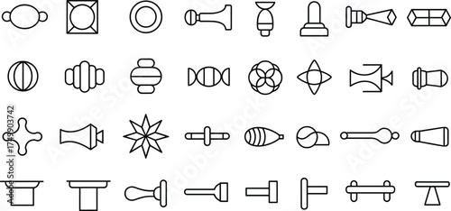 Modern decorative finial vector icons collection, minimalist home decor design elements, elegant furniture accessories, interior design details, black outline symbols