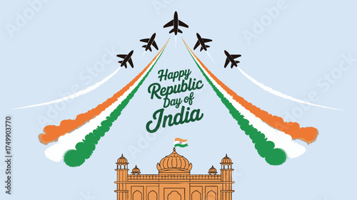 Celebrate India Republic Day with a vibrant patriotic display of jets and tricolor smoke trails over a historic building, expressing national pride