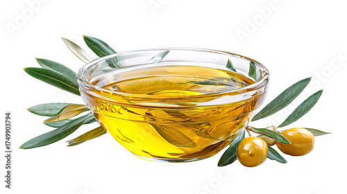 Olive oil. Greek olive oil in glass transparent bowl with branches with leaves and olives