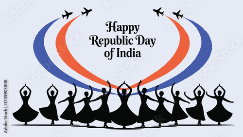 Celebrate India's Republic Day with vibrant dancers and patriotic airplane trails in the sky, a modern design for festive greetings and events