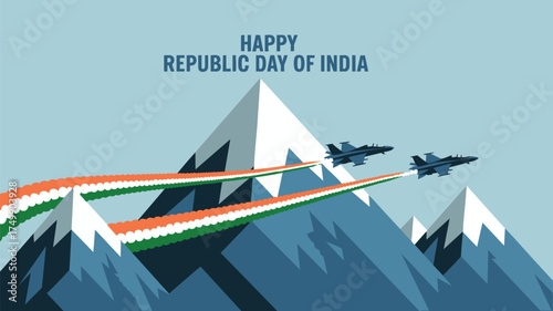 Celebrate Republic Day of India with a dynamic display of jets soaring over majestic mountains, leaving vibrant trails of the flag colors
