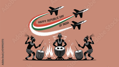 Vibrant Republic Day of India celebration art with tribal drummers and patriotic jets leaving tricolor smoke trails in dynamic cultural vector design