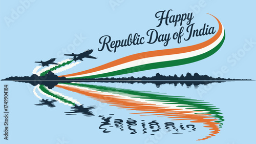 Celebrate India's Republic Day with this inspiring patriotic design featuring jets and the tricolor reflected in serene water for a vibrant, uplifting feel