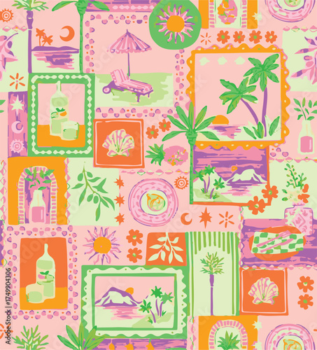 Summer coquette berry and fruits seamless pattern. Preppy wallpaper, hand drawn ribbons and bows patchwork print. Garden vector illustration, checkered romantic background, textile design, plaid.
