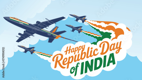 Celebrate India Republic Day with vibrant jets soaring through a bright blue sky, a patriotic display perfect for greetings or national pride designs