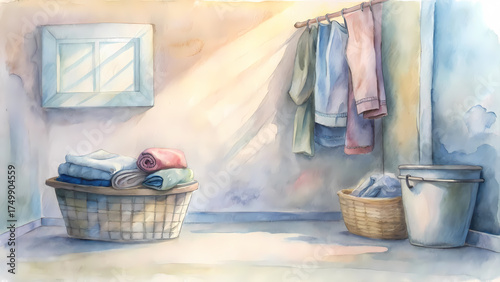 Illustrative watercolor of neatly organized laundry, basket, clothes, hangers, gentle soft pastel colors, minimalistic and serene, space for text in center
