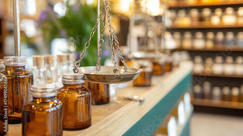 Antique apothecary with glass jars and balance scale, showcasing vintage medicinal items and herbs, creating nostalgic atmosphere