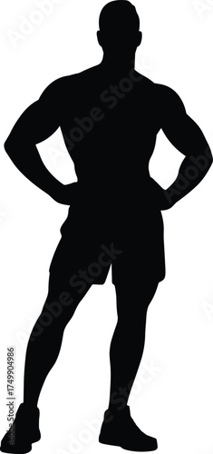 Silhouette of strong muscular man standing with hands on hips, fitness athlete bodybuilder pose, strength, confidence, and power illustration