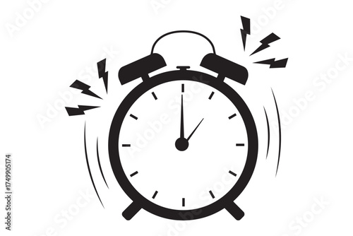 Vintage Twin Bell Alarm Clock Icon Set – Classic Retro Timepiece Silhouettes Showing Different
 Times, Vector Illustration on White Background