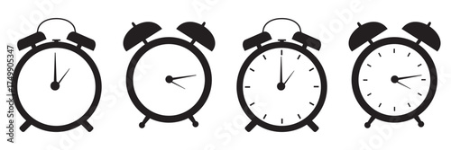 Vintage Twin Bell Alarm Clock Icon Set – Classic Retro Timepiece Silhouettes Showing Different
 Times, Vector Illustration on White Background