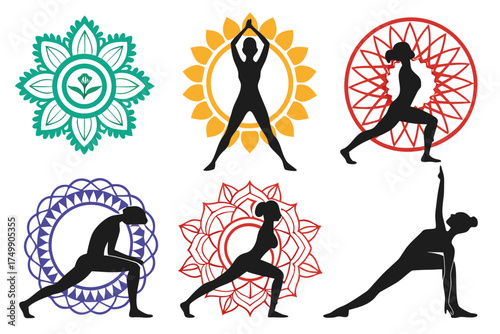 set of yoga & Meditation Silhouette Icons Bundle 