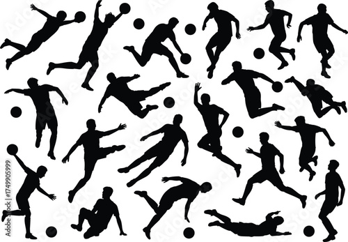 Soccer player silhouettes, football action poses vector, sportsman kicking ball illustration, athletic movement clipart, black football player design collection.